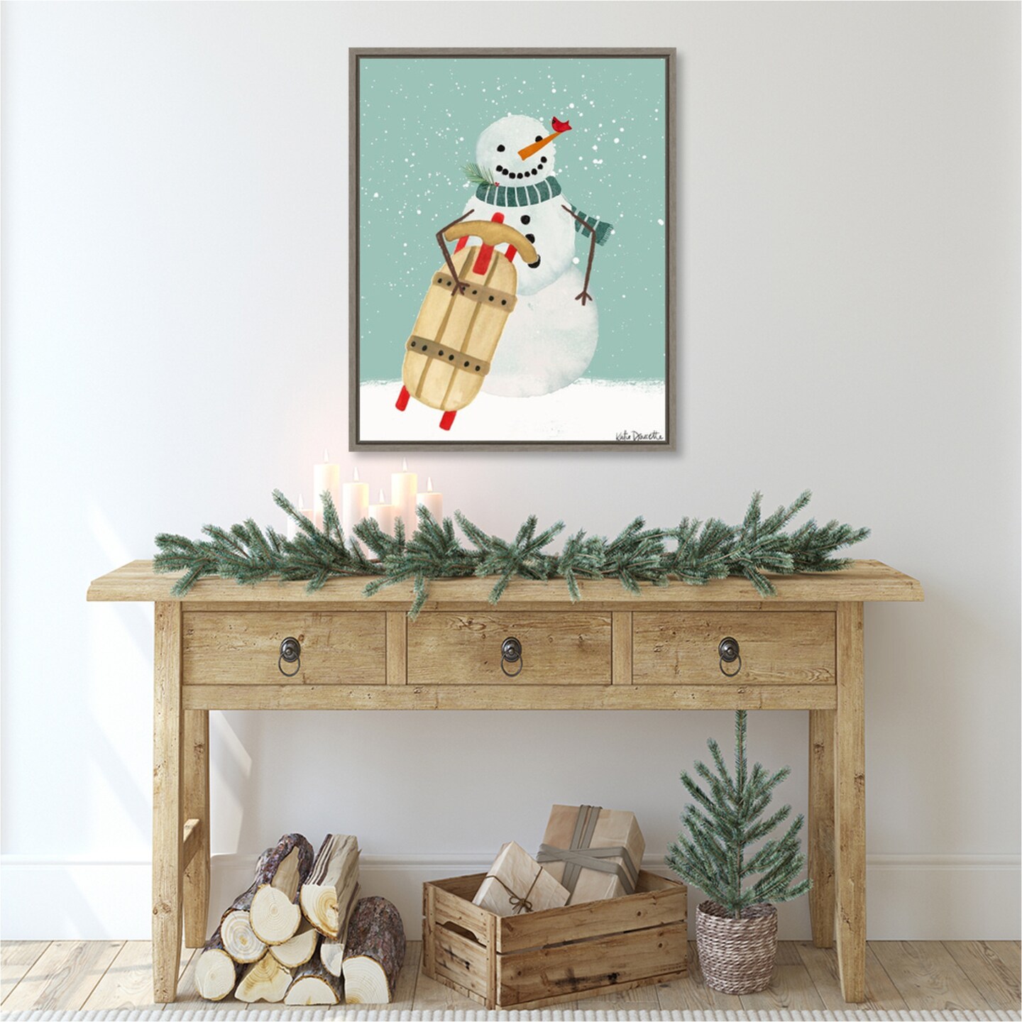 Snowman and Sled by Katie Doucette Canvas Art Framed