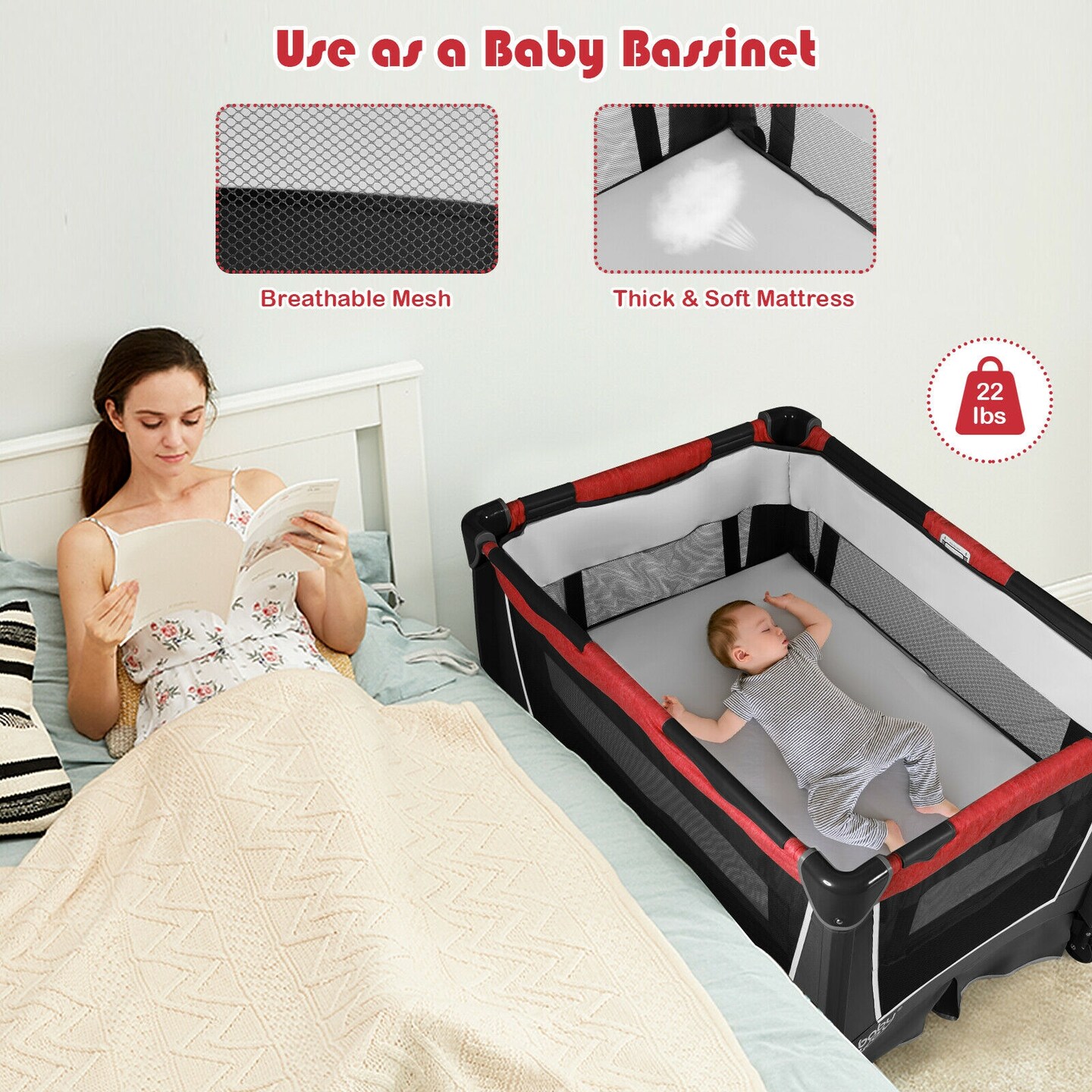 4-in-1 Convertible Portable Baby Play yard with 2 Hanging Toys and Music Box