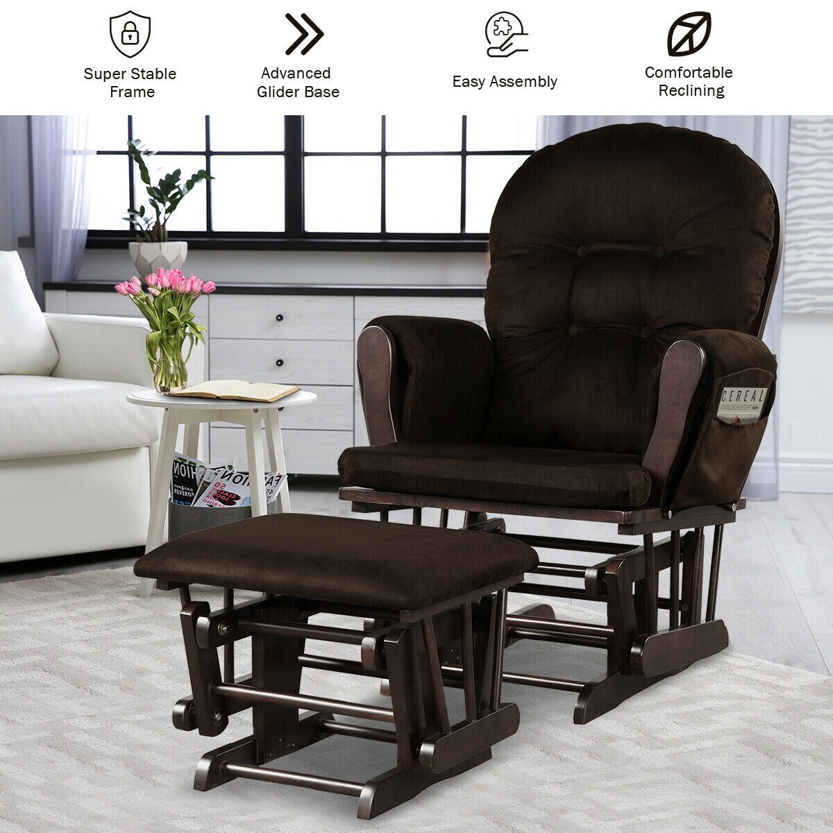 Solid Wood Gliding Chair Set with Pockets and Ottoman for Relaxing