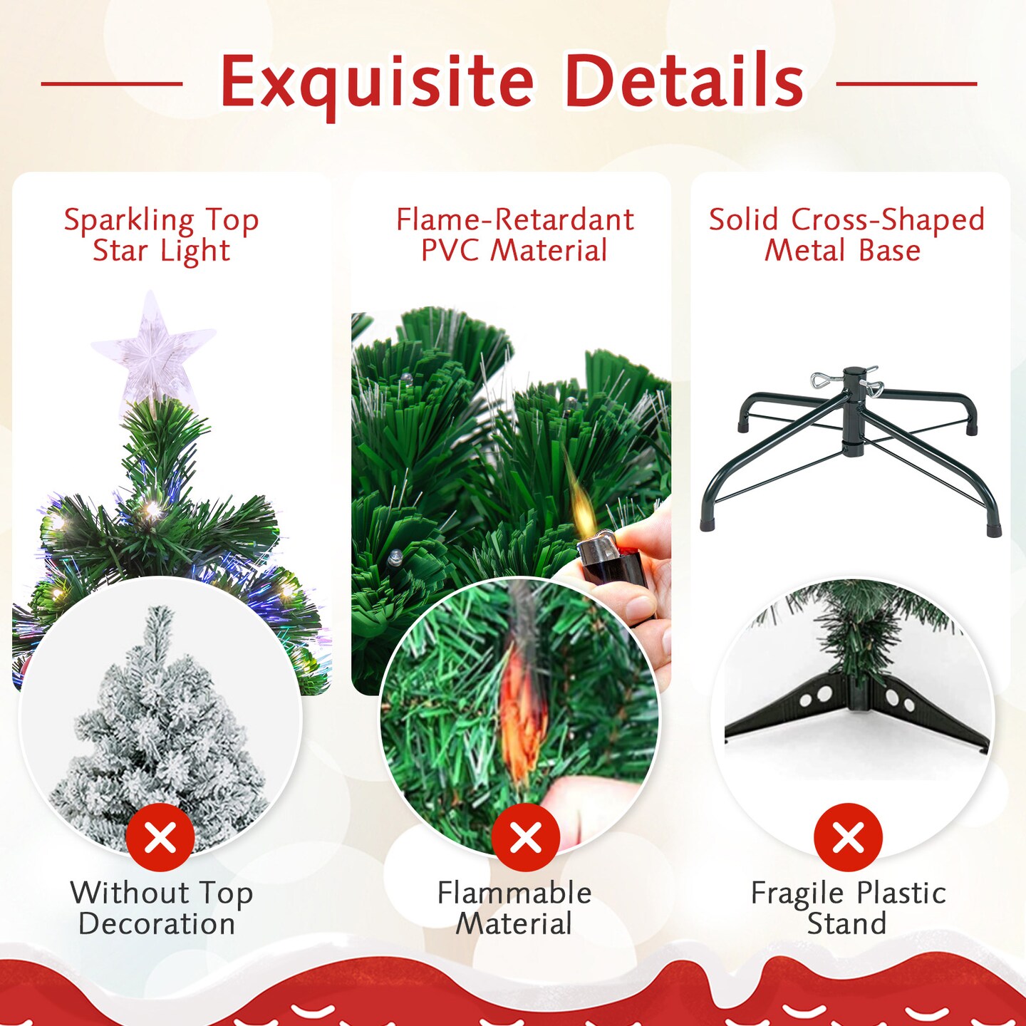 Green PVC Fiber Optic Christmas Tree with Star Topper, Metal Stand, 8 Light Modes