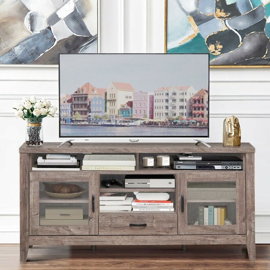Tall TV Stand with Glass Storage &#x26; Drawer