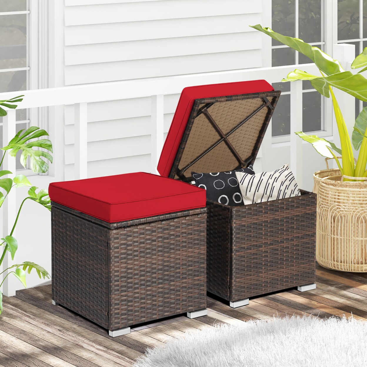 Gymax 2PCS Outdoor Patio Ottomans Hand-Woven PE Wicker Footstools w/ Removable Cushions