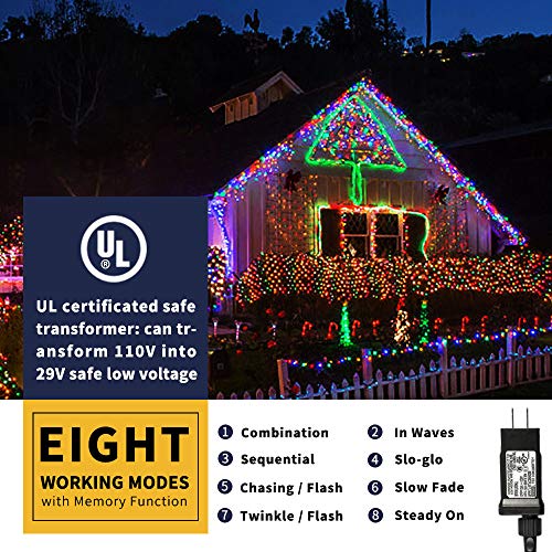 XTF2015 105ft 300 LED Christmas String Lights, End-to-End Plug 8 Modes Christmas Lights - UL Certified - Outdoor Indoor Fairy Lights Christmas Tree, Patio, Garden, Party, Wedding, Holiday (Multicolor)