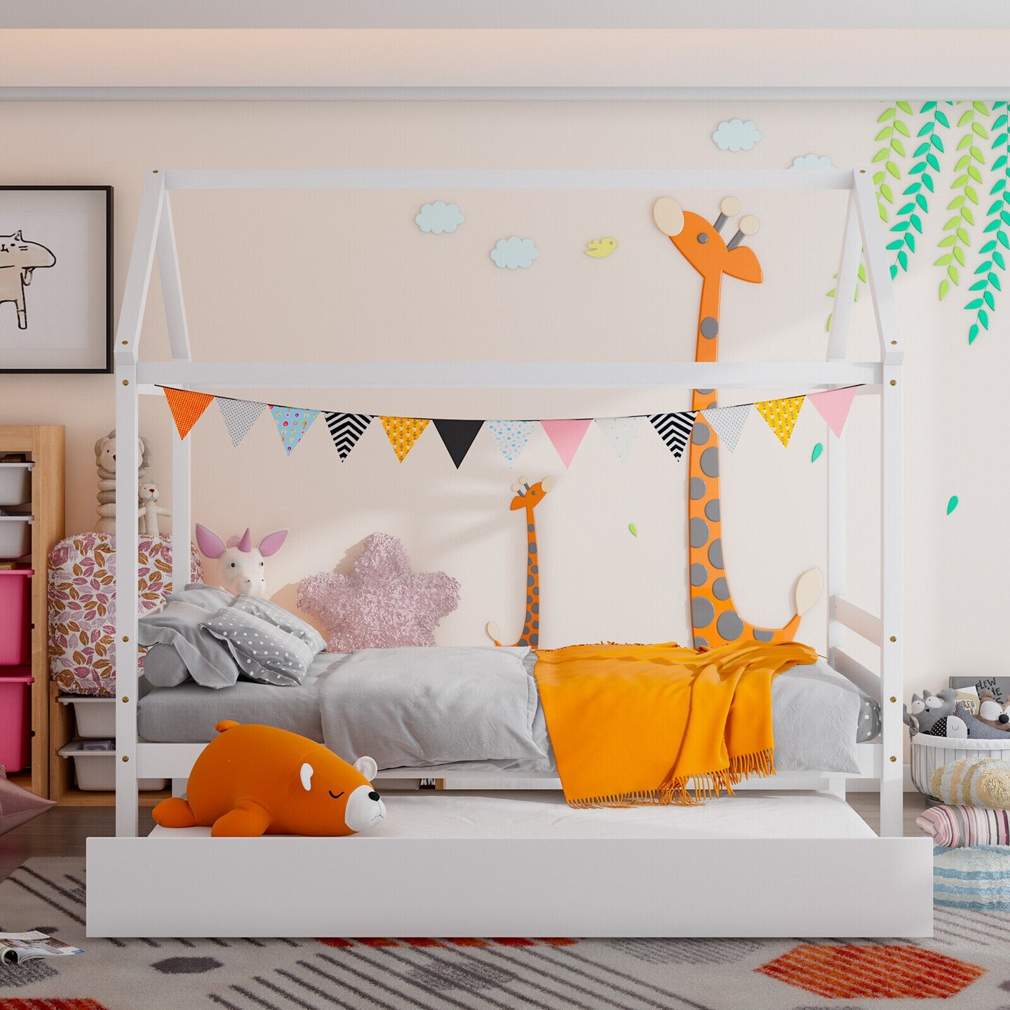 Wood Twin House Platform Bed Frame with Trundle, Sturdy