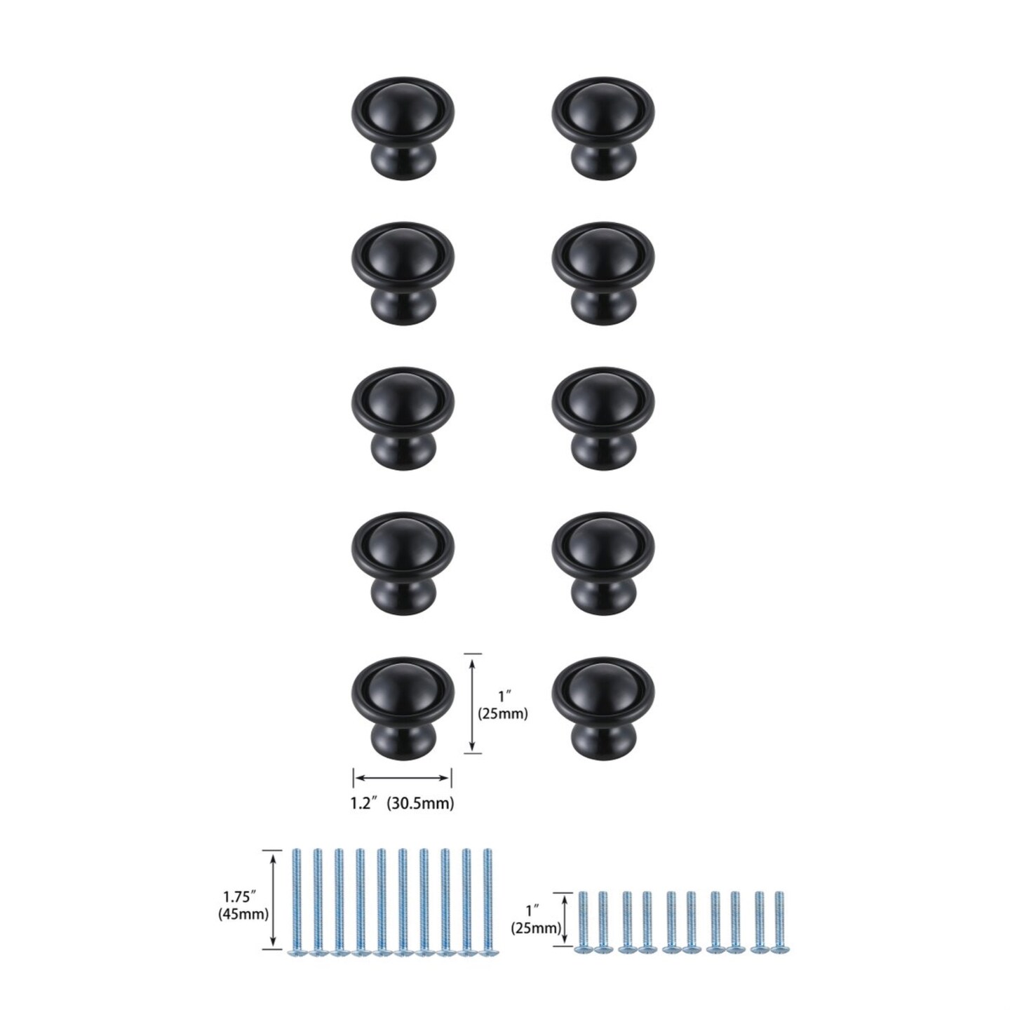 Kadea 1.2" Diameter Matte Black Mushroom Knob Multipack (Set of 10)