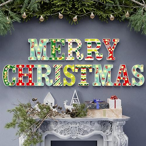 Atronor Christmas Decorations - 14 LED Letters Christmas Lights &#x27;Merry Christmas&#x27; for Christmas Decorations Indoor Home Decor, Surface UV Printing Snowflakes, Christmas Trees, Elk, etc, Warm White