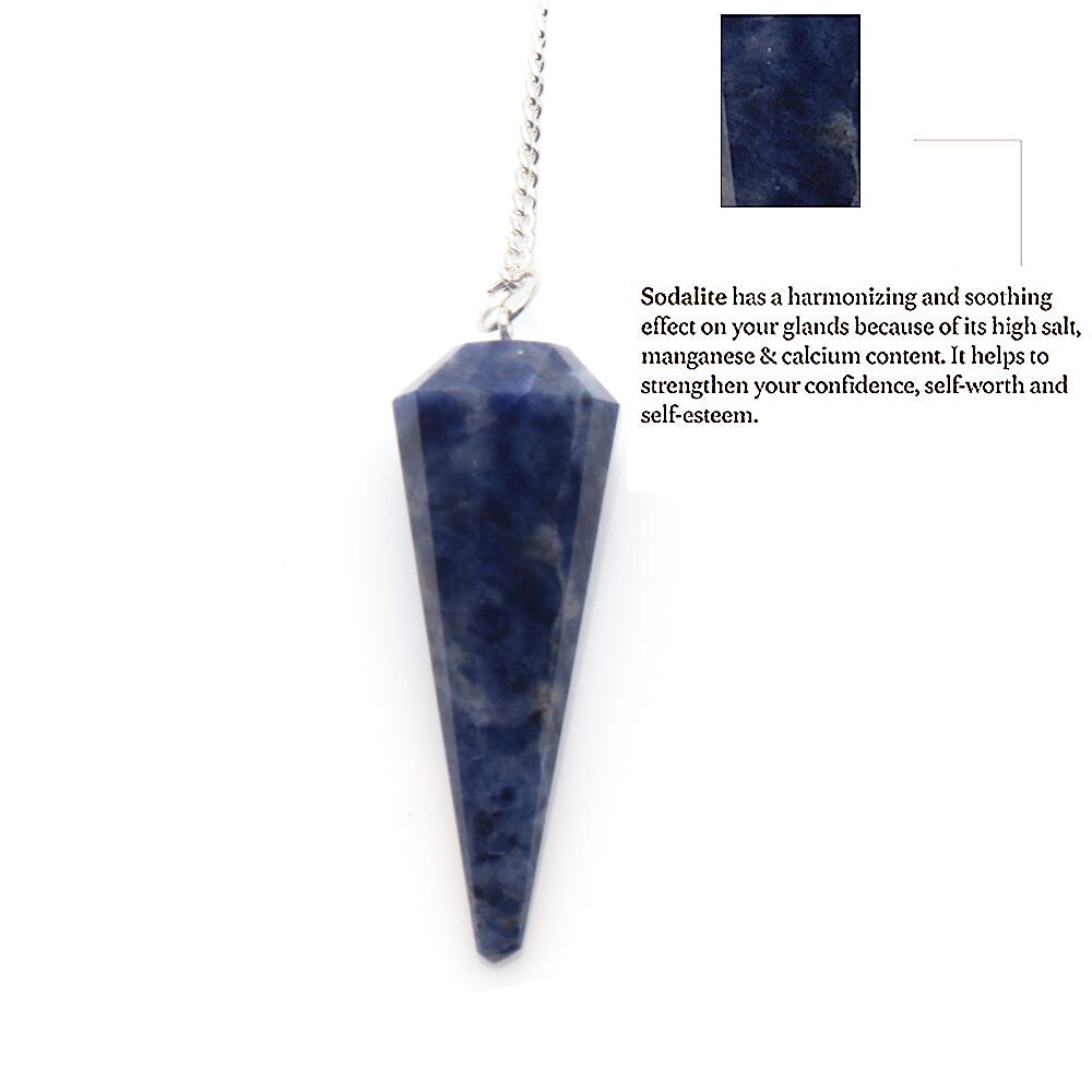 Dowsing Pendulum, Natural Gemstone Pointed Pendant, Silver Plated Chain Divination Pendulum, 44x16mm, Faceted, GemMartUSA (14007)