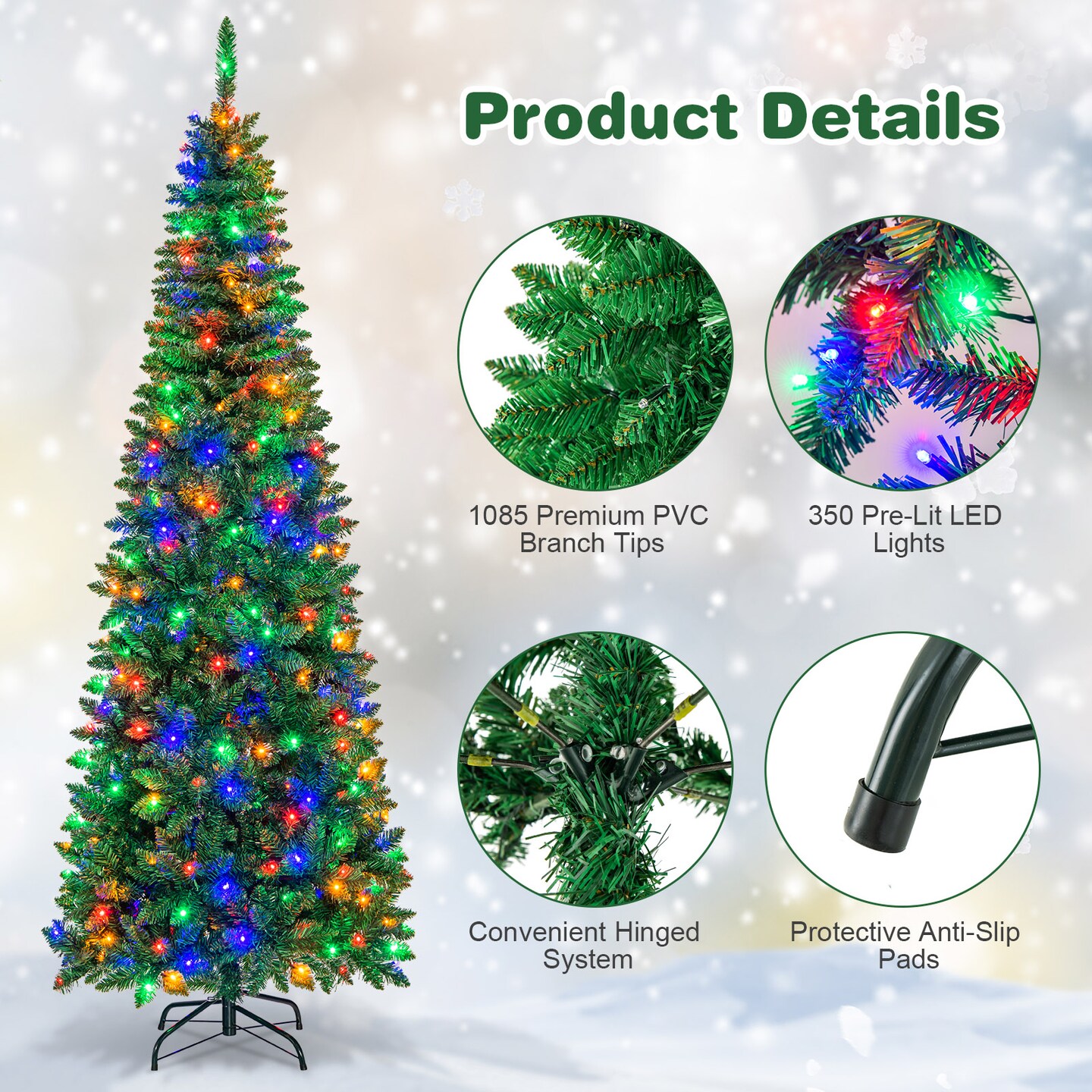 Pre-Lit Premium Hinged Artificial Fir Pencil Christmas Tree with LED Lights