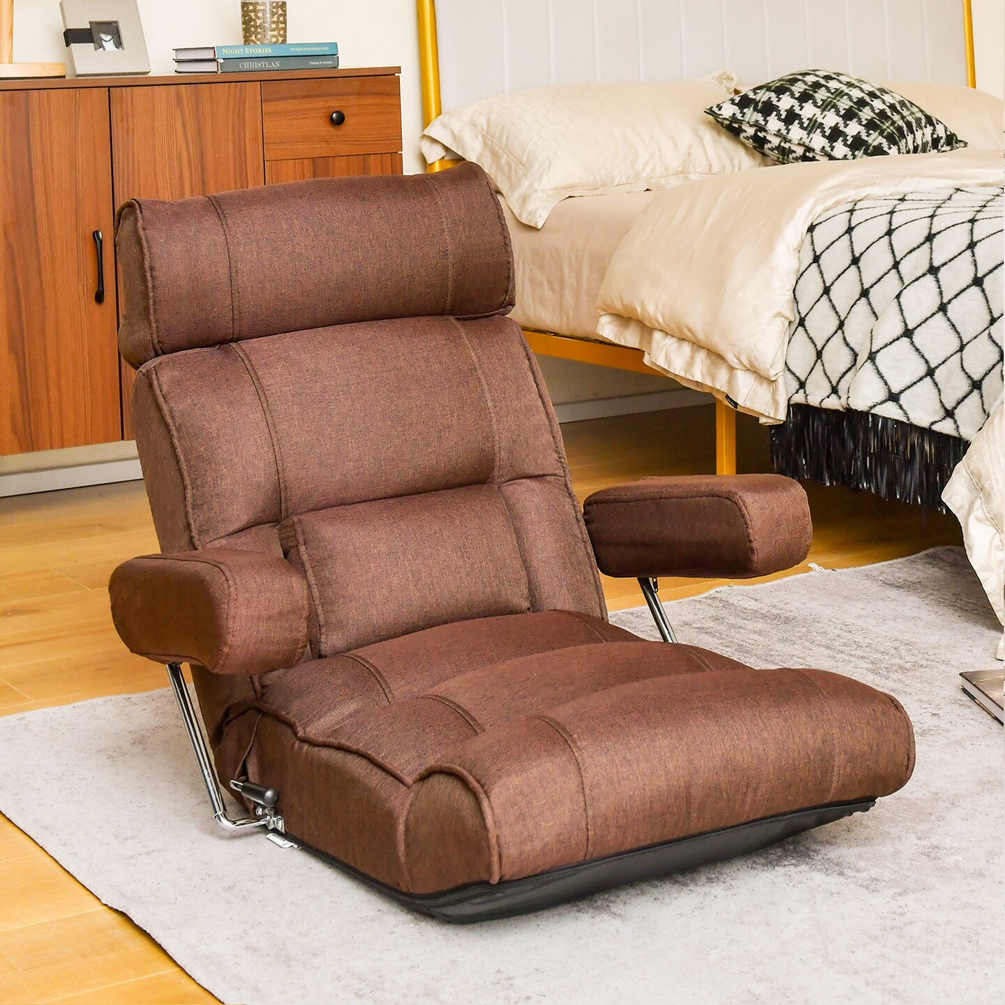Foldable Floor Sofa Chair with 6-Position Adjustable Headrest and Metal Frame