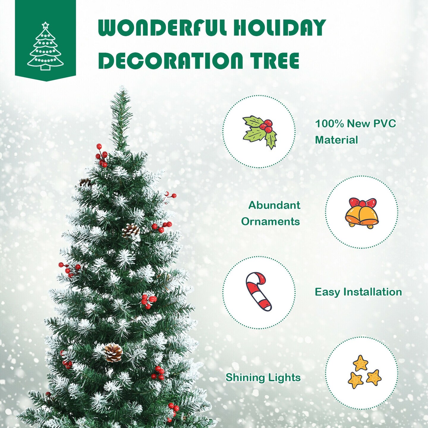 Pre-lit Artificial Pencil Christmas Tree with Pine Cones and Red Berries