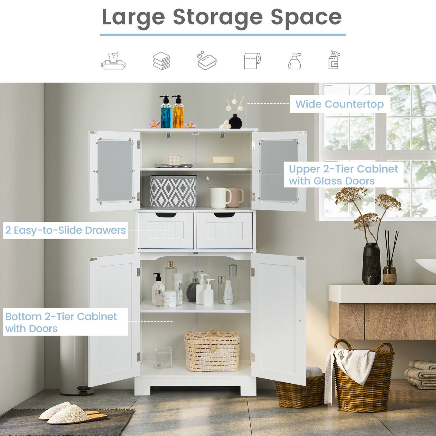 3 Tier Freer-Standing Bathroom Cabinet with 2 Drawers and Glass Doors