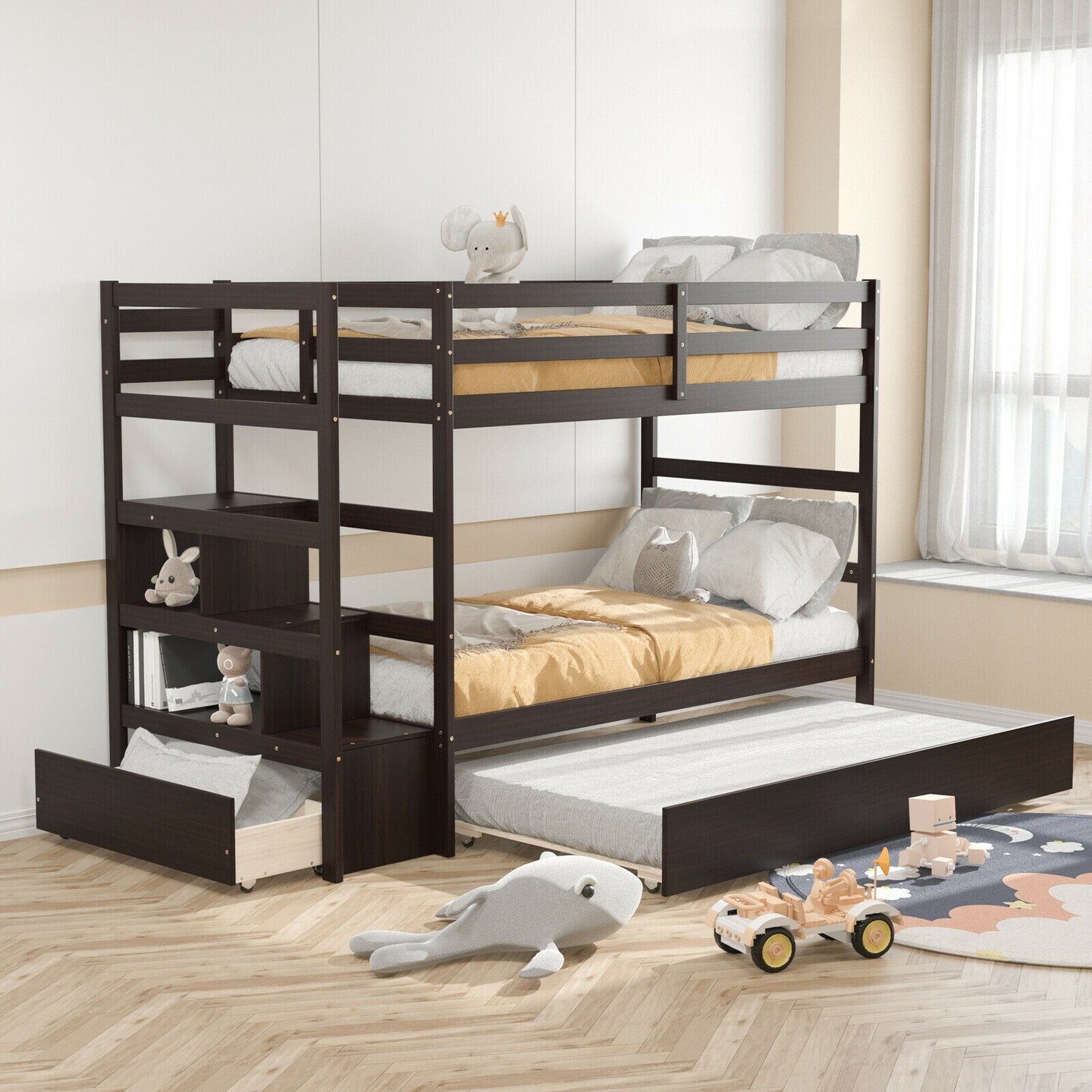 Twin Over Twin Bunk Bed with Storage Shelf and Drawer