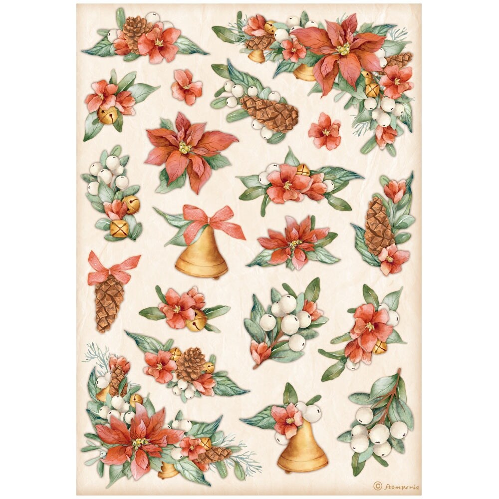 Stamperia Rice Paper Sheet A4-Poinsettia & Bells, All Around Christmas