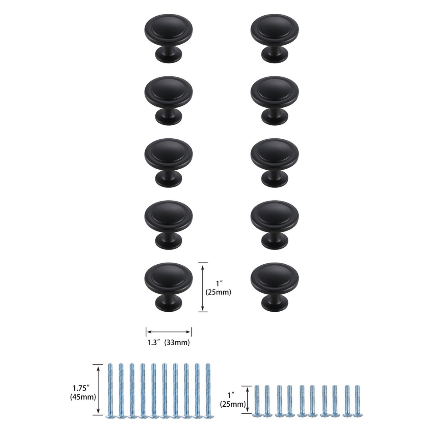 Logyn 1.3" Diameter Matte Black Mushroom Knob Multipack (Set of 10)