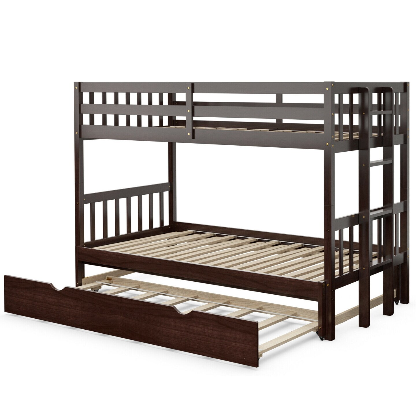 Dark Brown White Wood 4-in-1 Convertible Bunk Bed with Trundle and Ladder