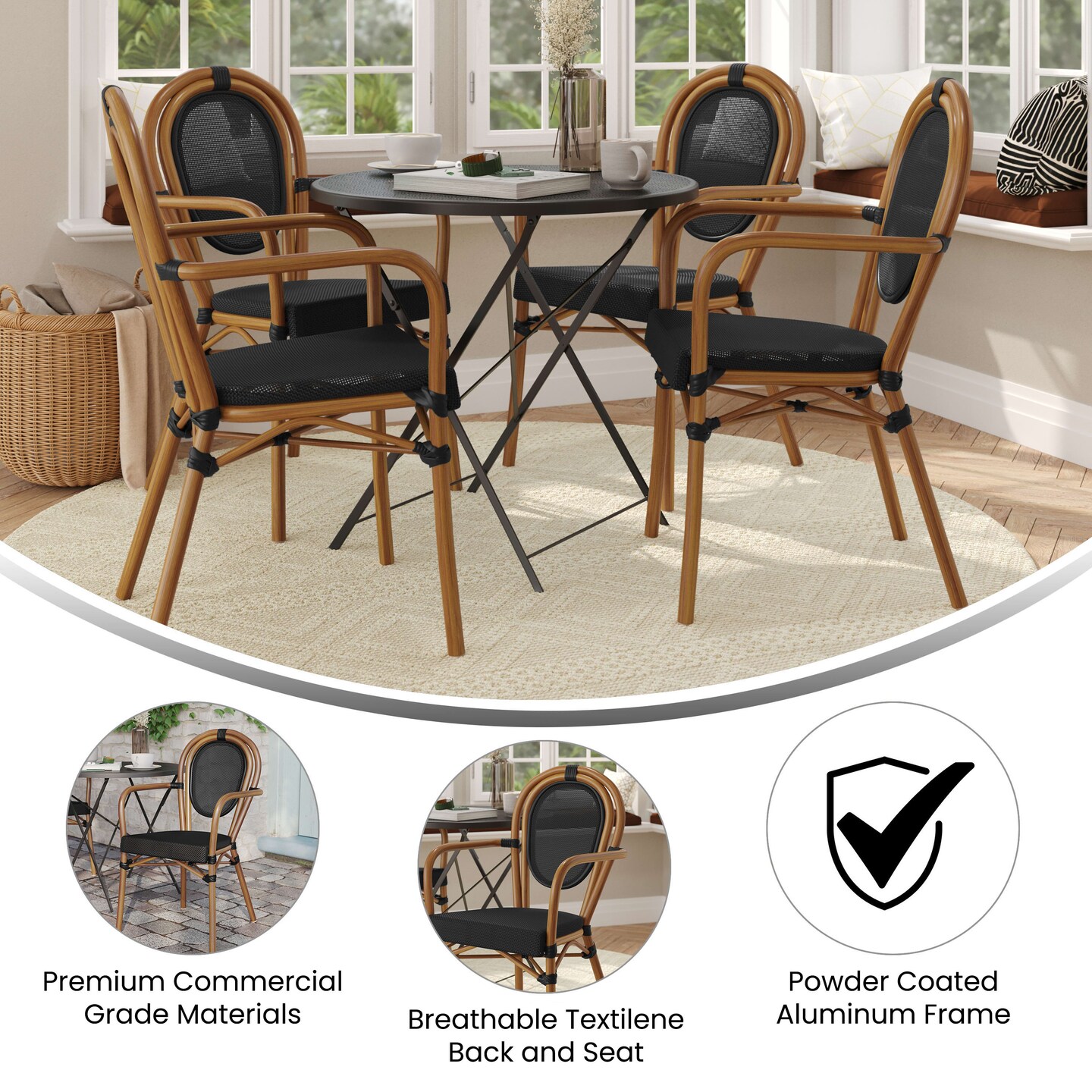 Merrick Lane Mael Set of Four Stacking Thonet Bistro Style Chair with Arms, Textilene Seat, and Bamboo Finished Metal Frame for Indoor/Outdoor Use