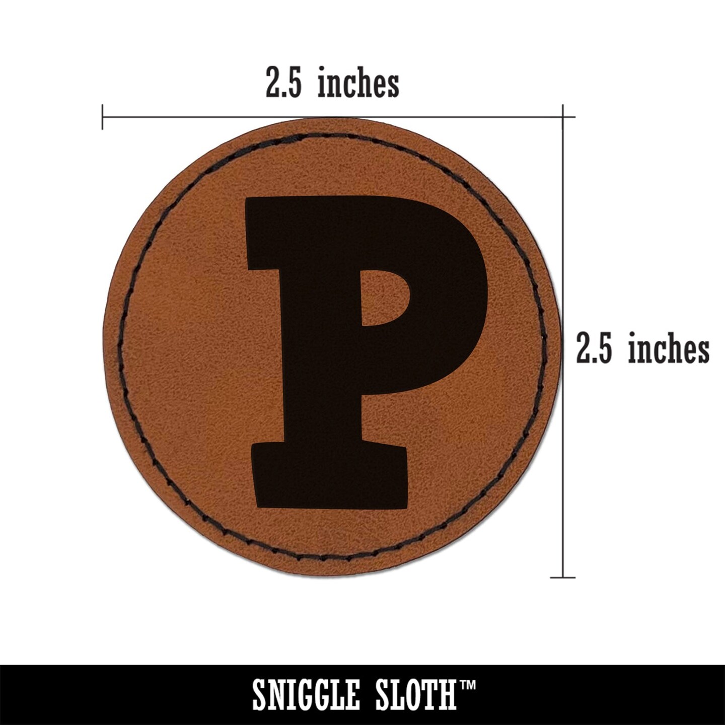 Letter P Uppercase Fun Bold Font Round Iron-On Engraved Faux Leather Patch Applique - 2.5&#x22;