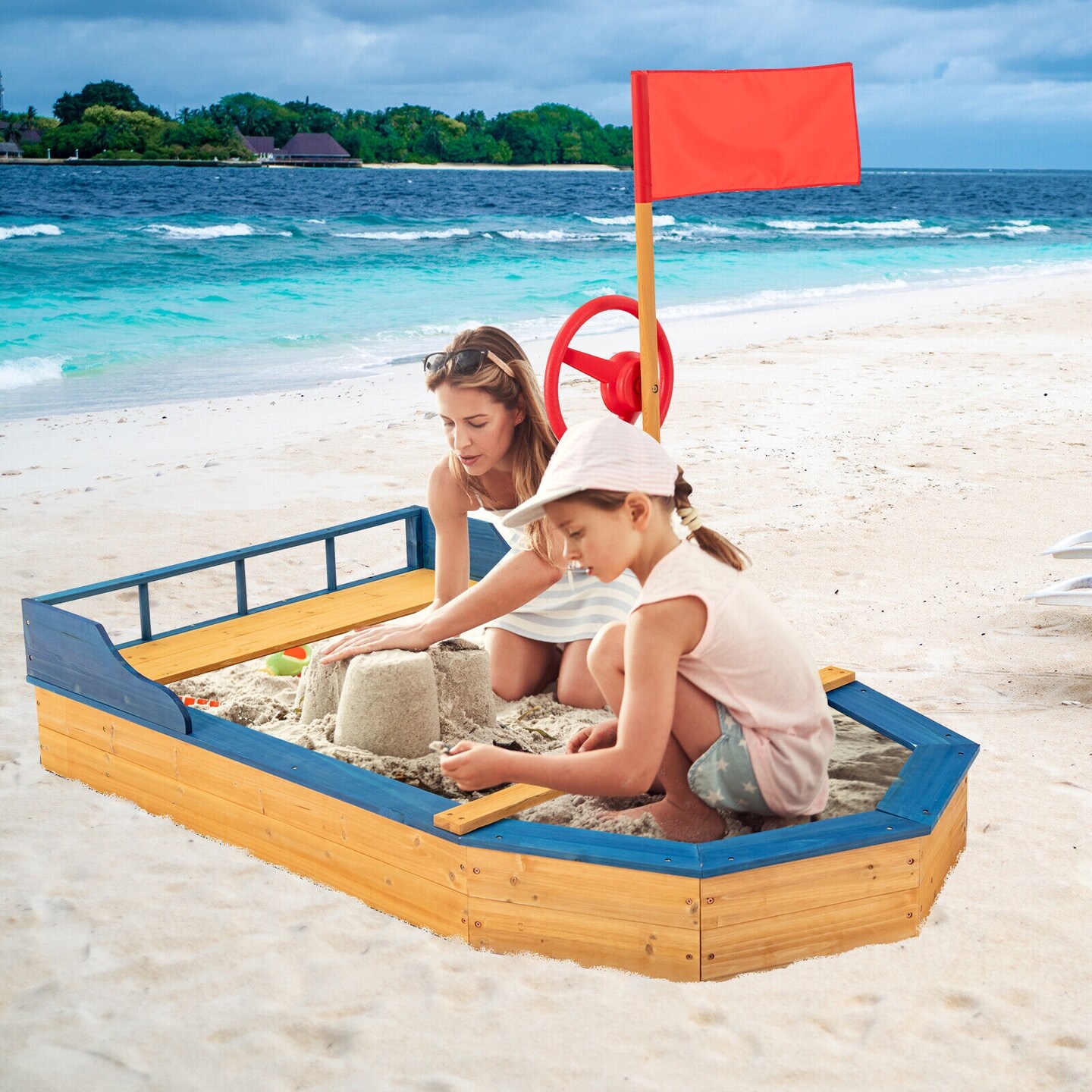 Kids&#x27; Pirate Boat Sandbox with Flag and Rudder