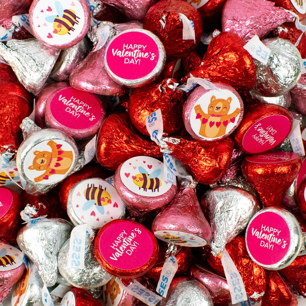 100ct Valentine&#x27;s Day Candy Hershey&#x27;s Kisses Chocolate with Stickers (1lb Approx. 100 pcs)  - By Just Candy - By Just Candy
