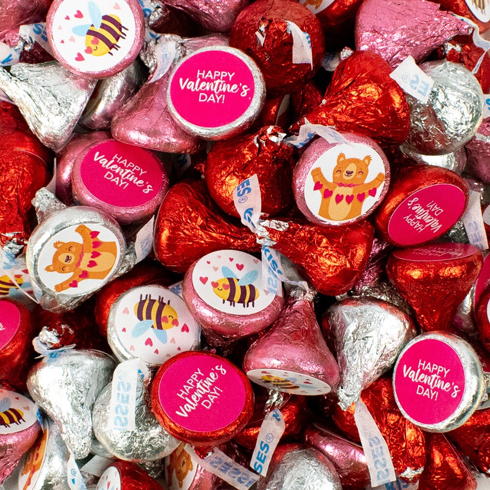 100ct Valentine's Day Candy Hershey's Kisses Chocolate with Stickers (1lb Approx. 100 pcs) - By Just Candy - By Just Candy