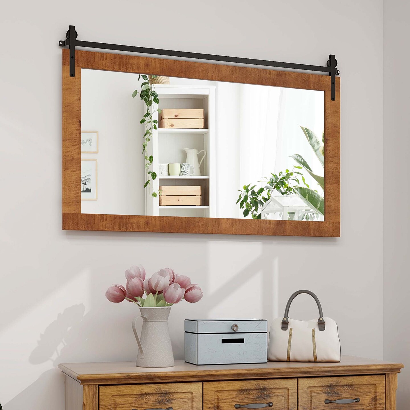 Costway Farmhouse Bathroom Wall Mounted Mirror 40&#x27;&#x27; x 26&#x27;&#x27; Explosion-proof Fir Wood Frame