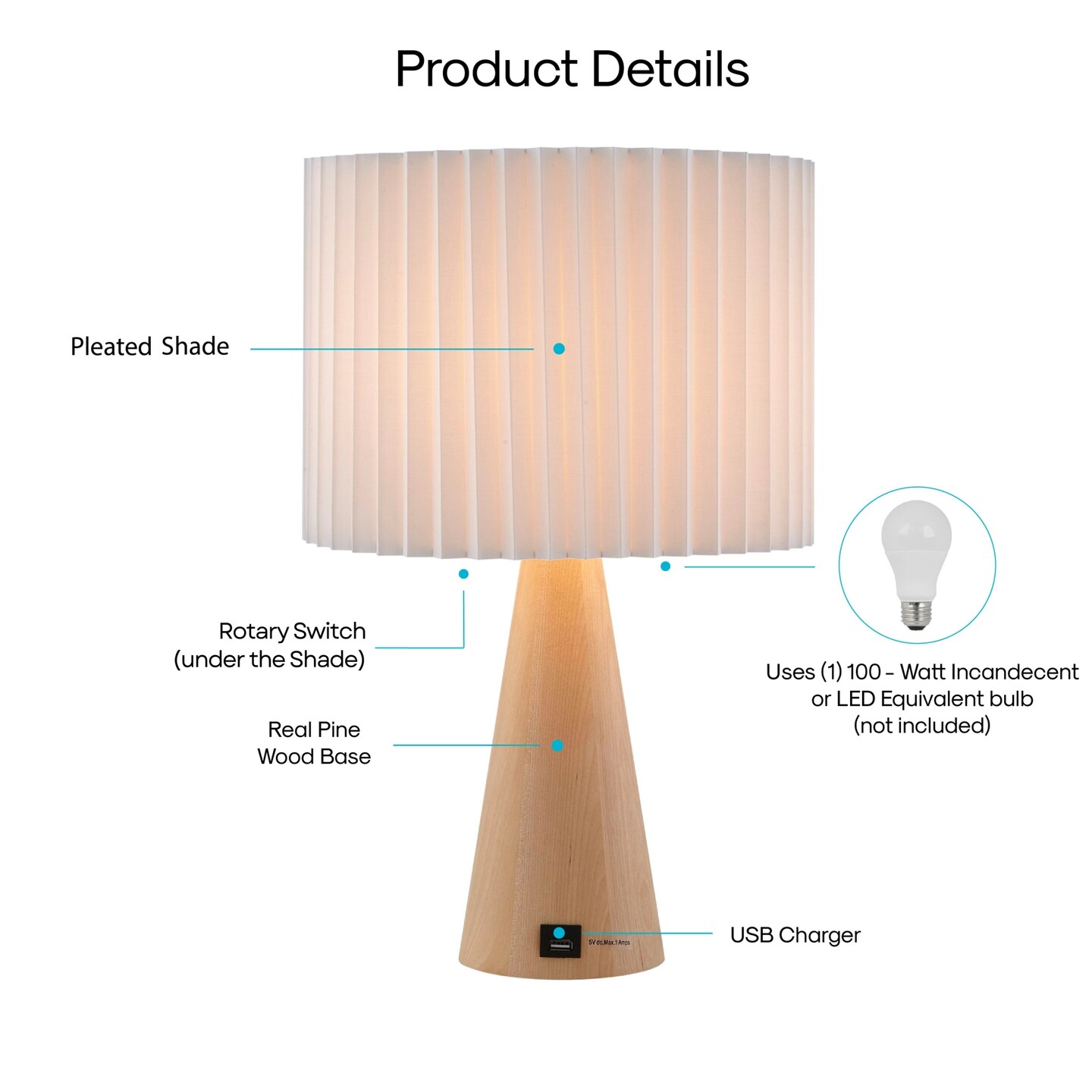 Emberlee Table Lamp 5ft Power Cord, USB Charger