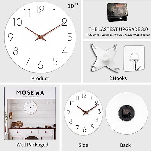 Wall Clock 10 Inch Silent Non Ticking Wood Wall Clocks Battery Operated - Wooden White Modern Office Simple Minimalist Clock Decorative for Kitchen,Home,Bathroom,Living Room(10&#x22; White)
