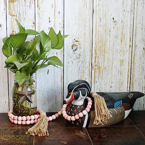 Wood Beads Garland with Tassels Farmhouse Rustic Wooden Prayer Bead String Wall Hanging Accent for Home Festival Decor. Pink Mix Distressed