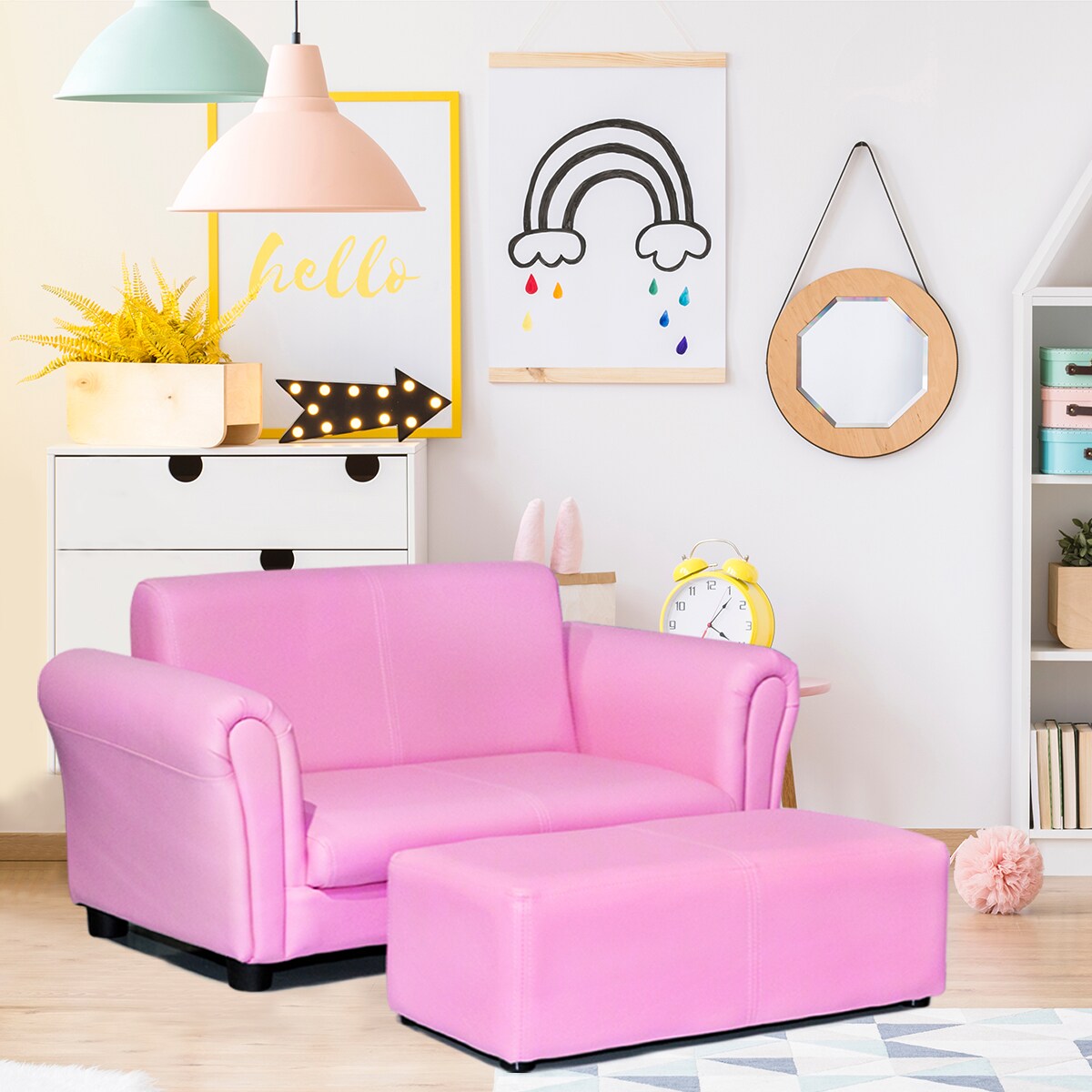 Costway Pink Kids Sofa Armrest Chair Couch Lounge Children Birthday Gift w/ Ottoman