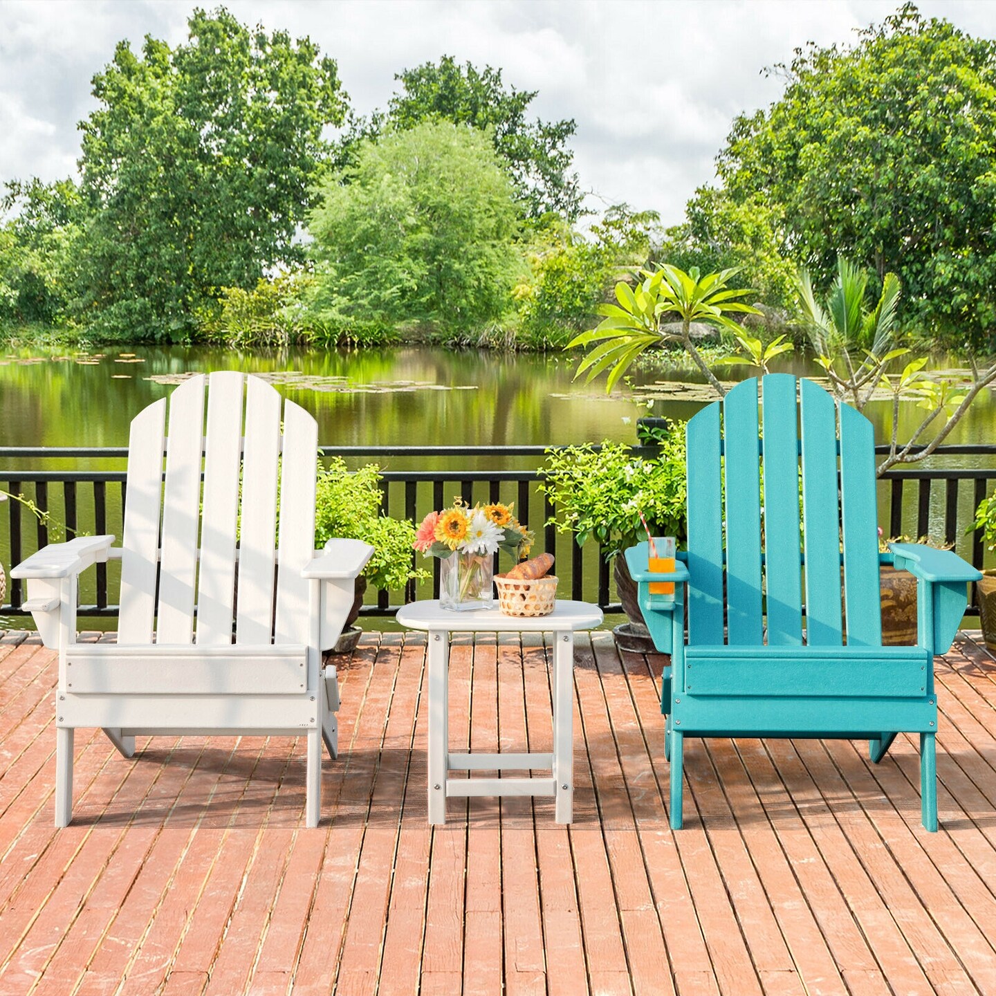 Patio Folding Adirondack Chair with Built-in Cup Holder