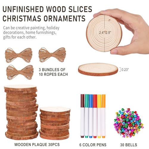 Max Fun Natural Wood Slices 30Pcs 2.4-2.8&#x27;&#x27; Craft Wood Kit Christmas Ornaments Unfinished Predrilled with Hole Wooden Circles for Arts and Crafts Christmas Holiday Ornaments DIY Crafts