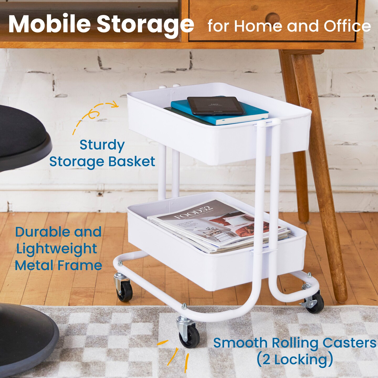 2-Tier Metal Rolling Utility Cart, Mobile Storage Organizer