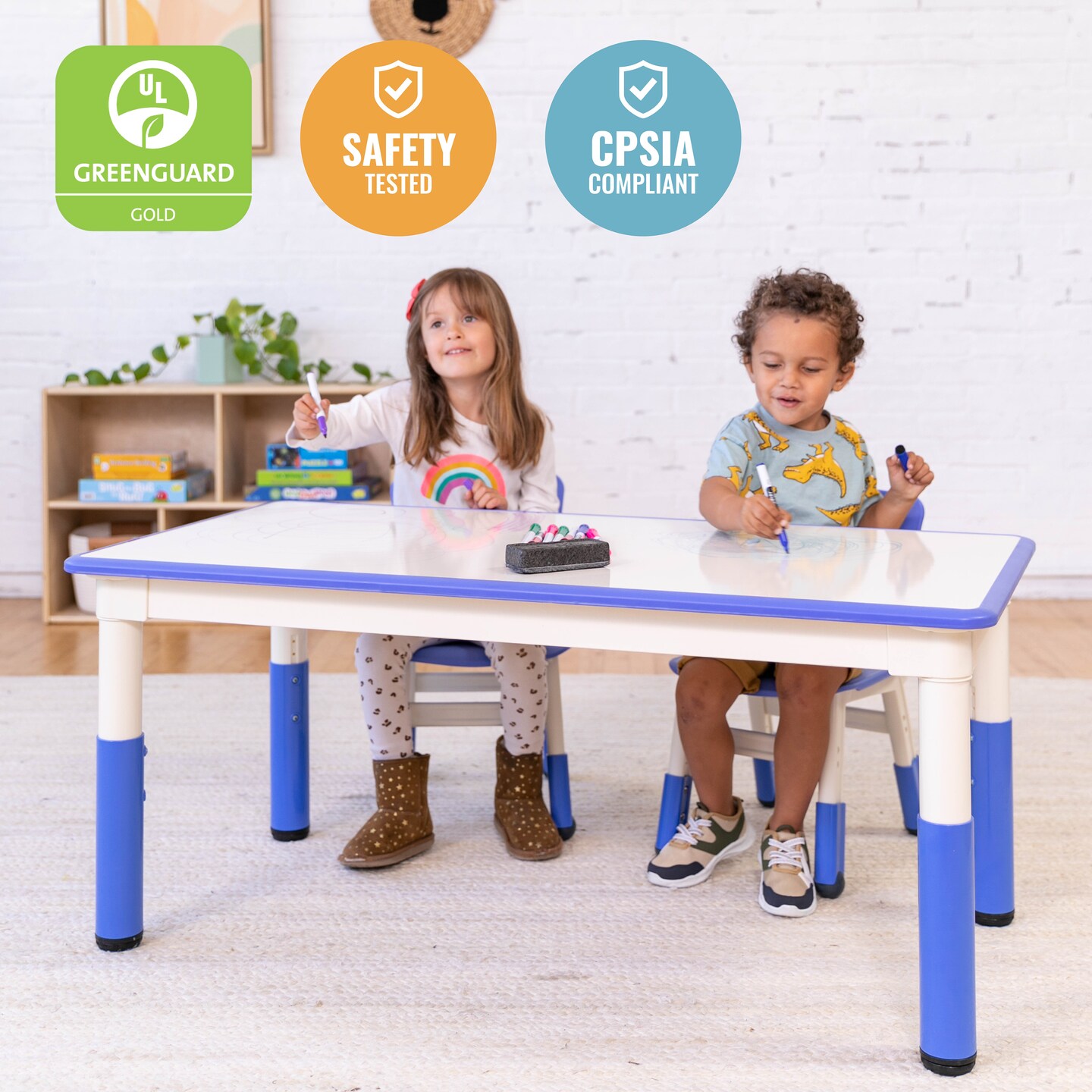 Rectangle Dry-Erase Activity Table and 2 Adjustable Height Plastic Chairs, 3-Piece