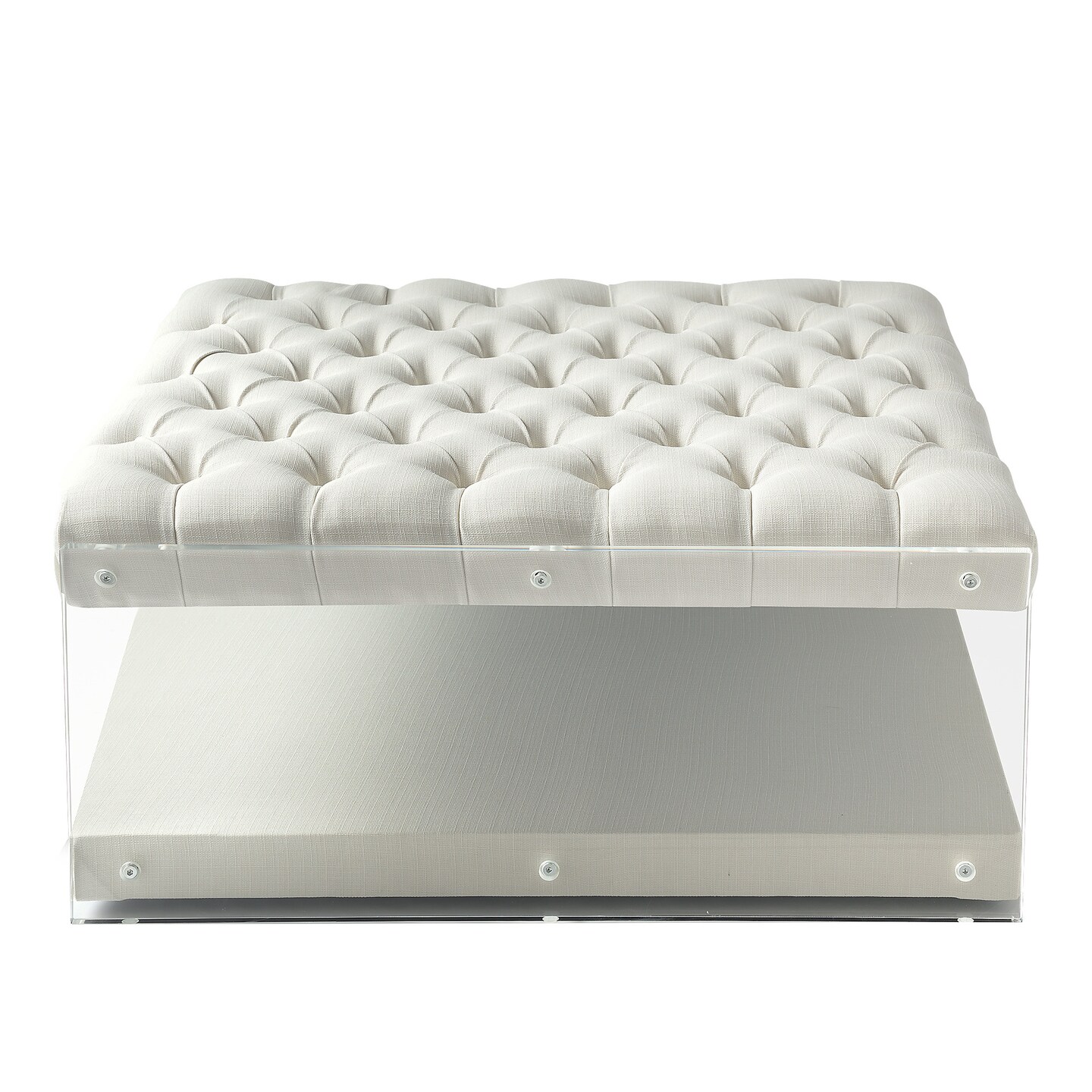 Fleur Linen/Velvet Button Tufted Clear Acrylic Side Cocktail Table Ottoman