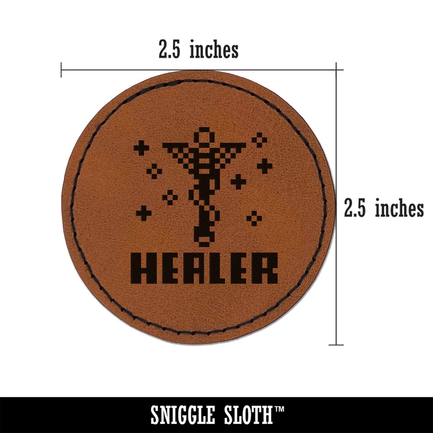 Pixel RPG Healer Staff Gaming Round Iron-On Engraved Faux Leather Patch Applique - 2.5&#x22;