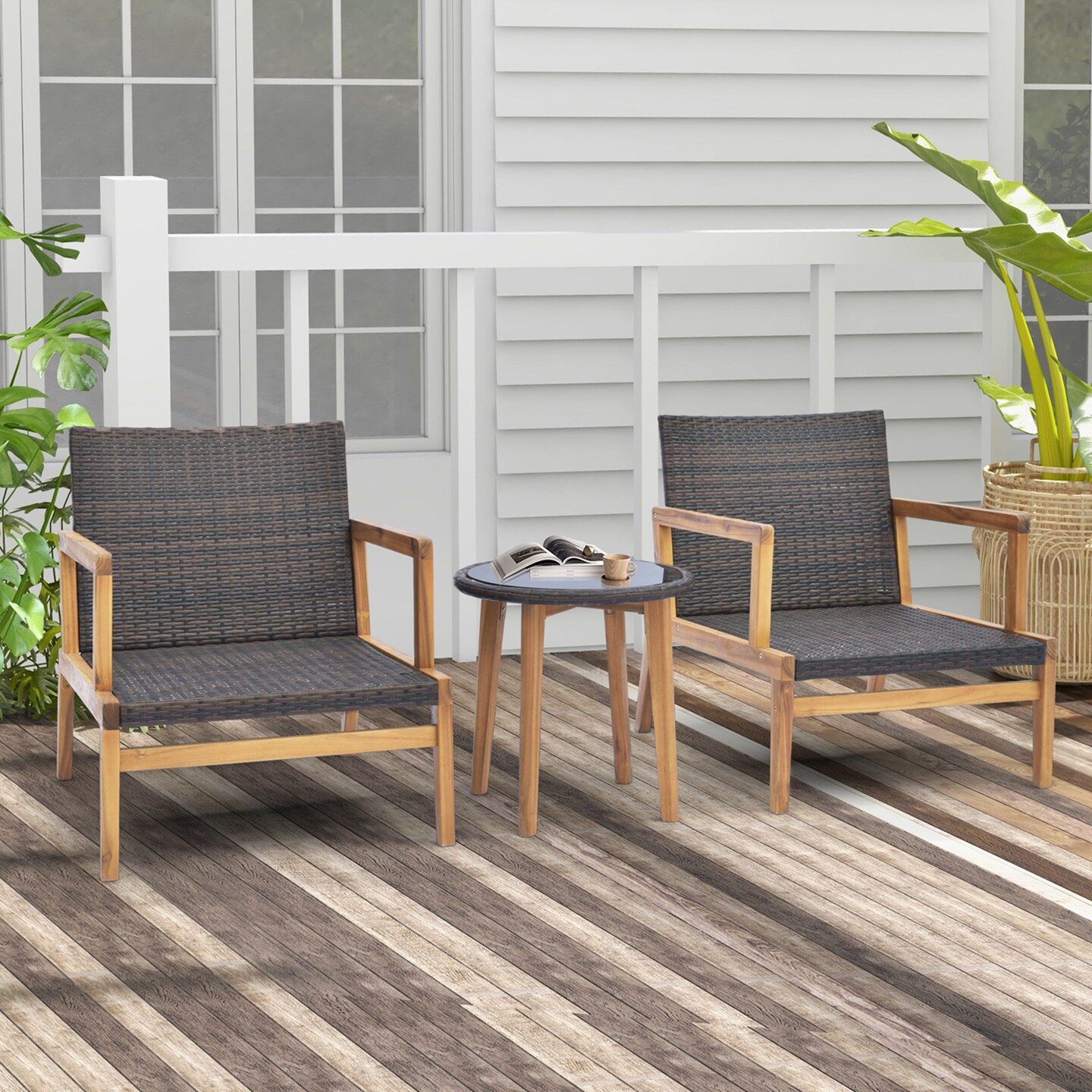 Costway 3 PCS Outdoor Furniture Set with Cushioned Chairs and Tempered Glass Side Table