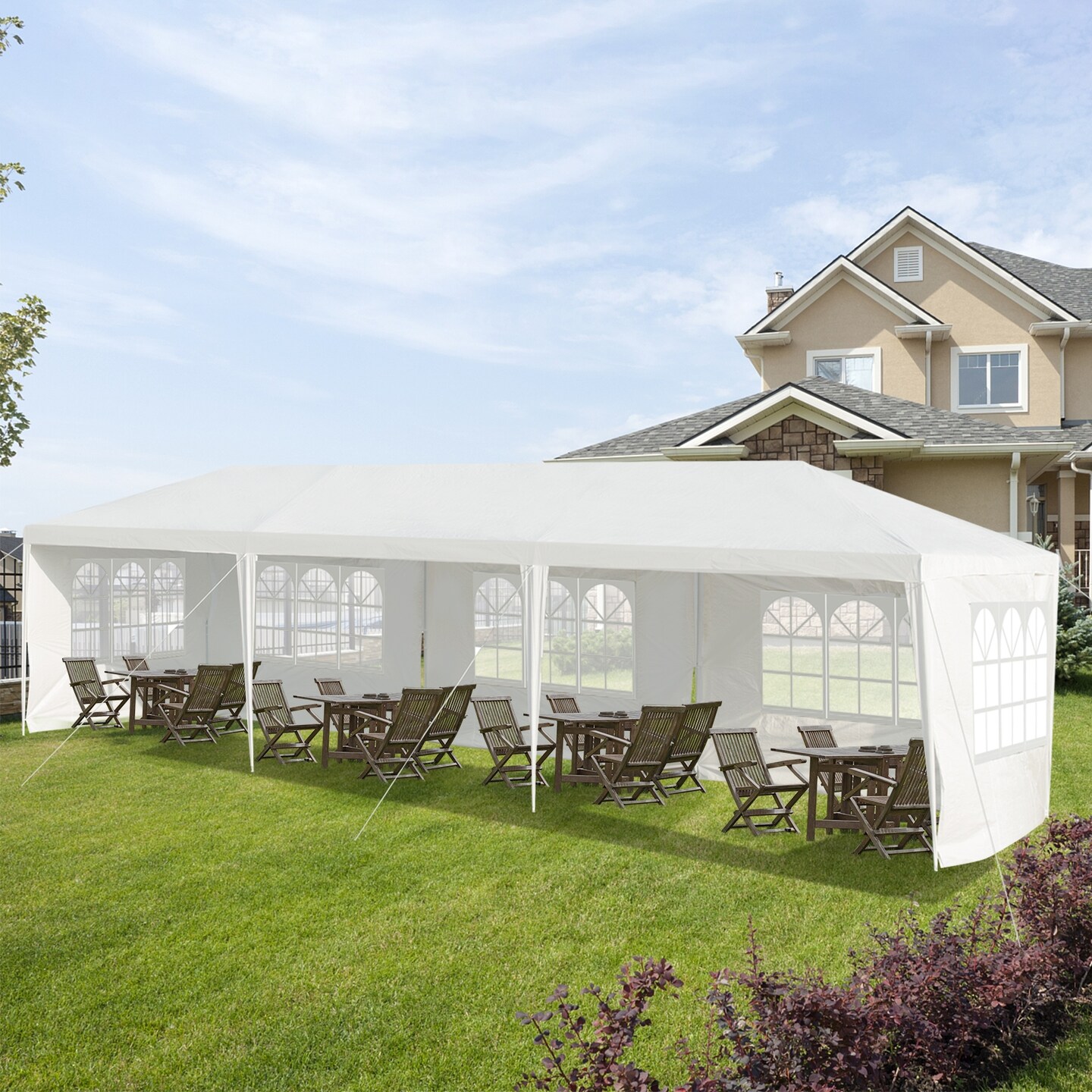 White 10x30 ft Outdoor Canopy Tent Heavy Duty Steel Frame 5 Removable Sidewalls