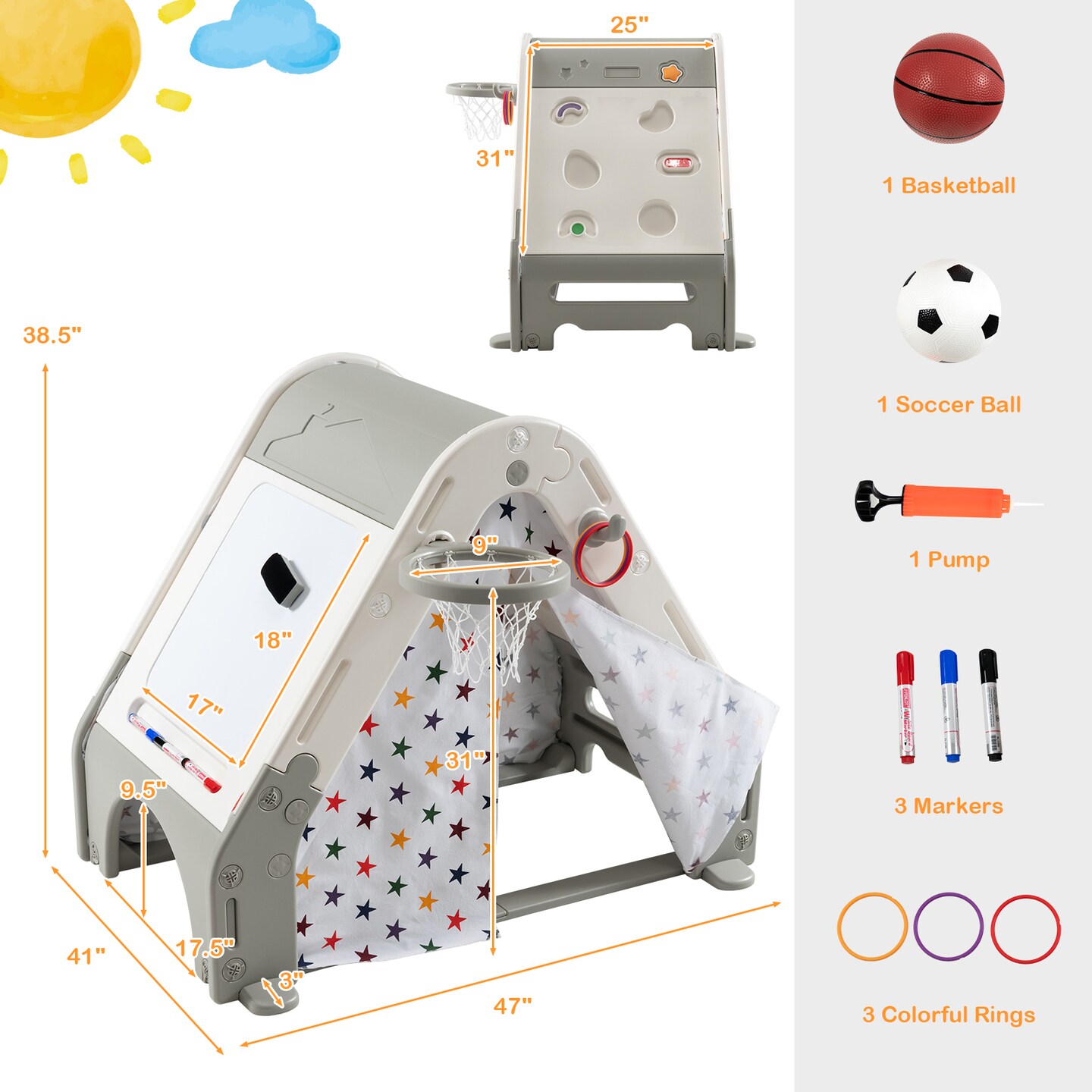 Kid&#x27;s Triangle Climber with Tent Cover and with Climbing Wall-Gray