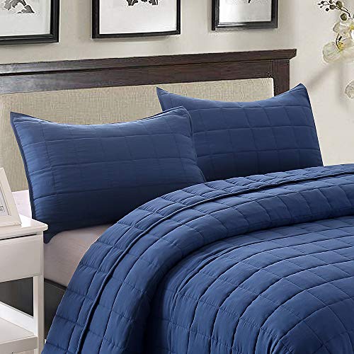 EMME Quilt Set Twin Size 2 Pieces (66x90 inches), Pre-Washed Microfiber Bedspread for All Season, Lightweight and Reversible Coverlet (Squares Pattern, Navy)