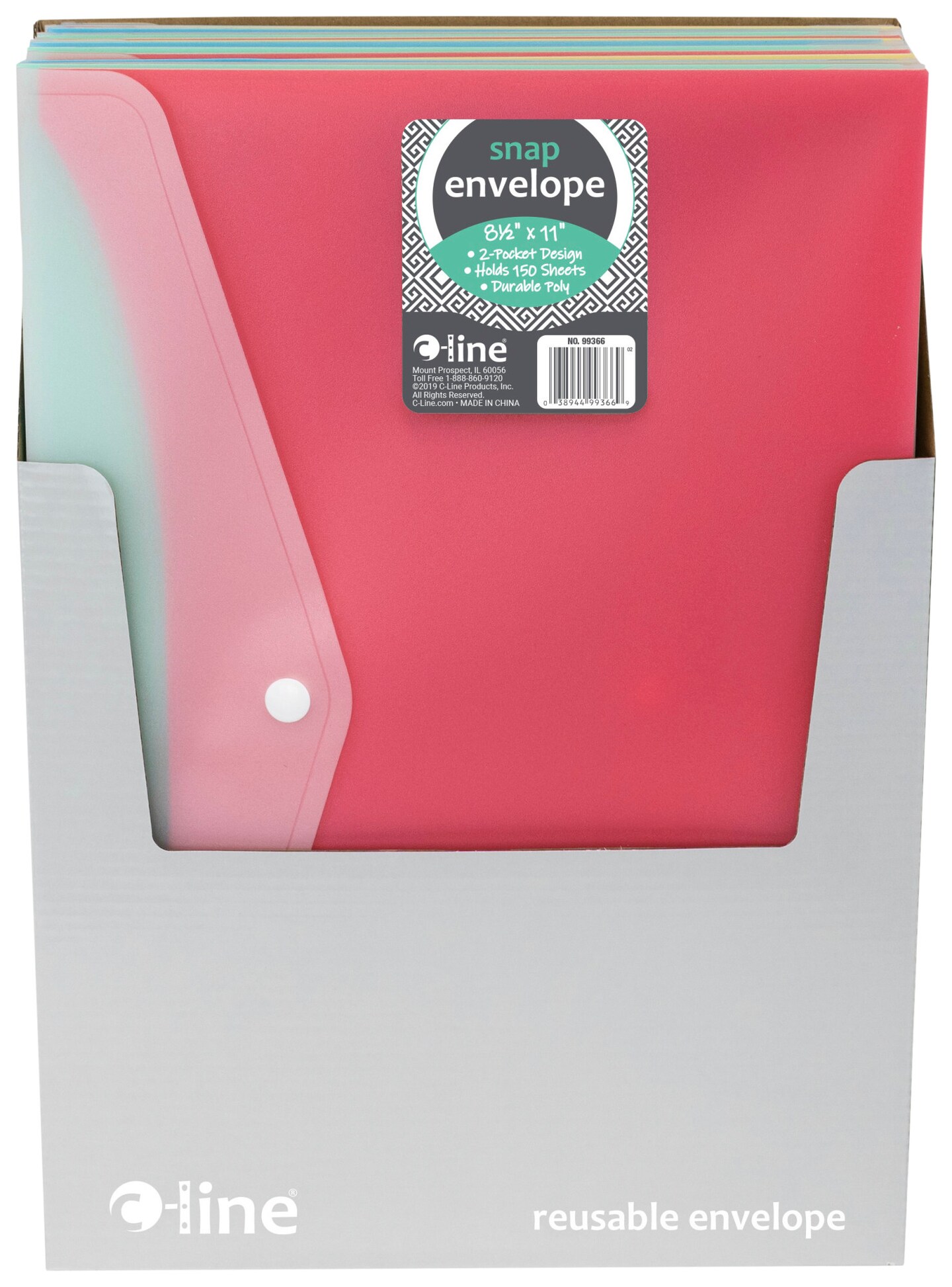 C-Line Snap &#x27;N Go Reusable Poly Envelopes, Letter Size, Assorted Colors, Pack of 24
