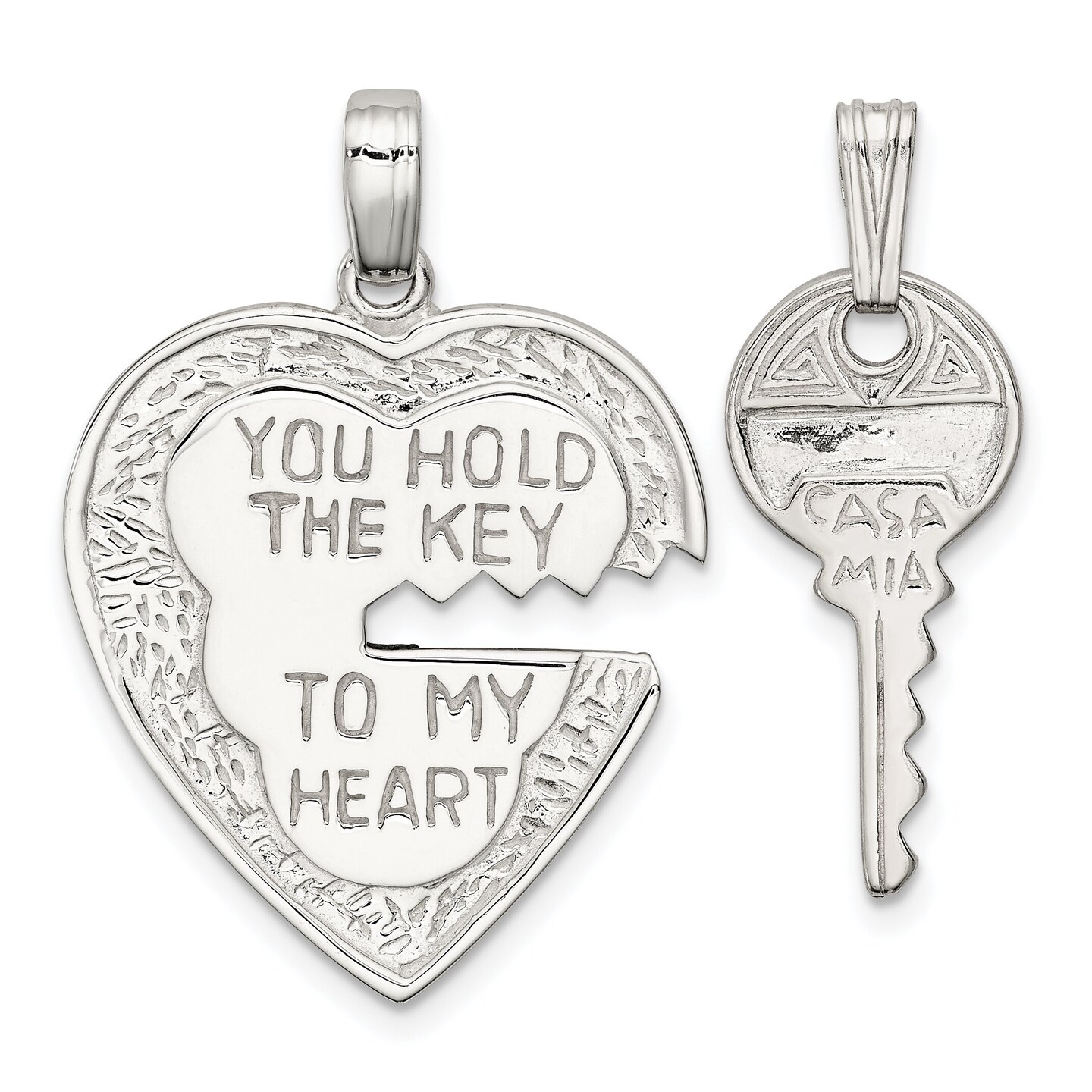 Sterling Silver Heart and Key Charm &#x26; 18&#x22; Chain Jewerly 30.7mm x 31.3mm