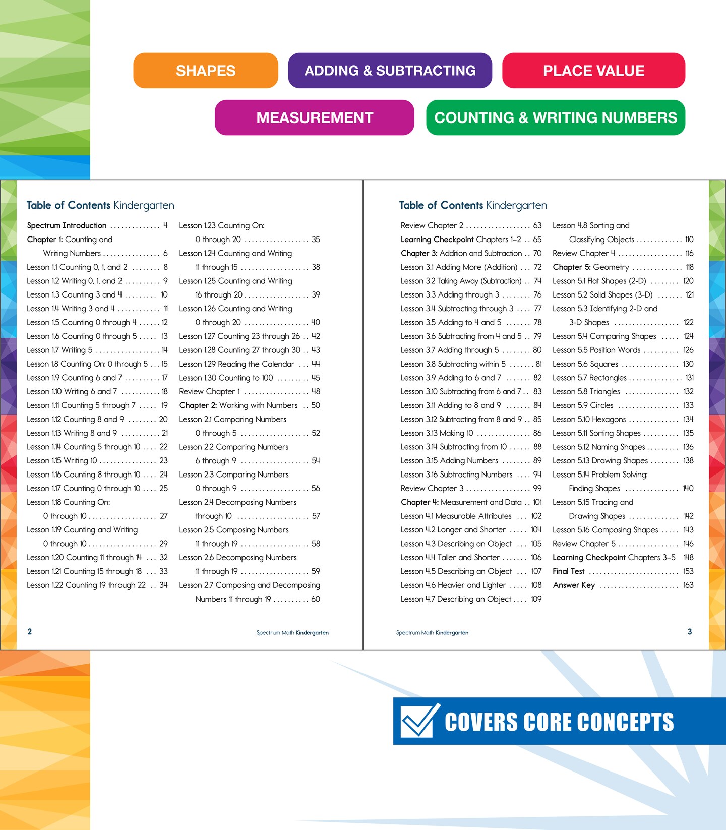 Spectrum Math Kindergarten Workbooks, Activity Book for Kids Ages 5-6 Covering Addition, Subtraction, Place Value, Shapes, Counting, and More, Mathematics Classroom or Homeschool Curriculum