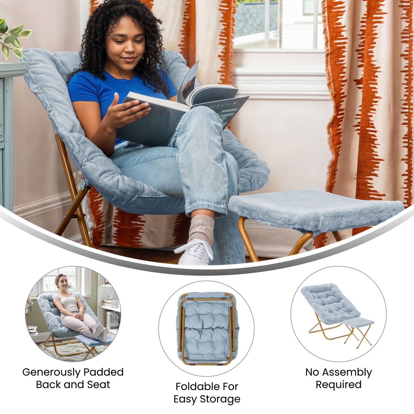 Emma and Oliver Aisling Oversized Folding Saucer Chair and Ottoman for Dorm, Bedroom