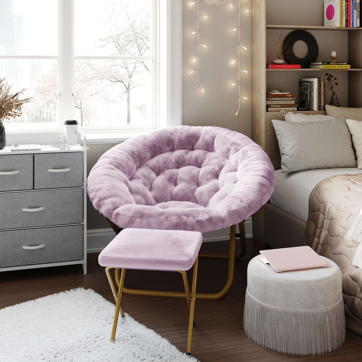 Emma and Oliver Ersa Oversize Folding Saucer Moon Chair and Ottoman for Dorm and Bedroom with Steel Frames