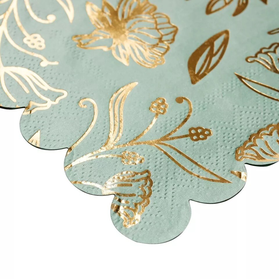 50 Pack Green Floral Scalloped Cocktail Napkins