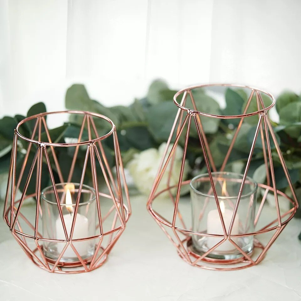 2 pcs ROSE GOLD 7&#x22; tall Geometric Design Metal Tealight Holders