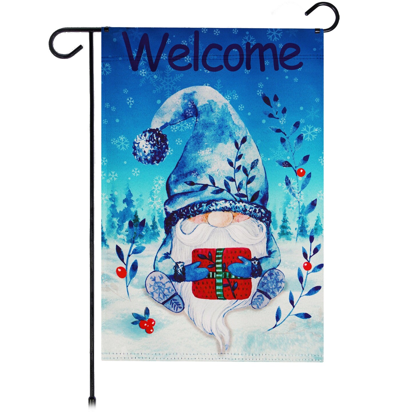 G128 Garden Flag Welcome Festive Bearded Gnome with Parcel 12"x18" Blockout Fabric
