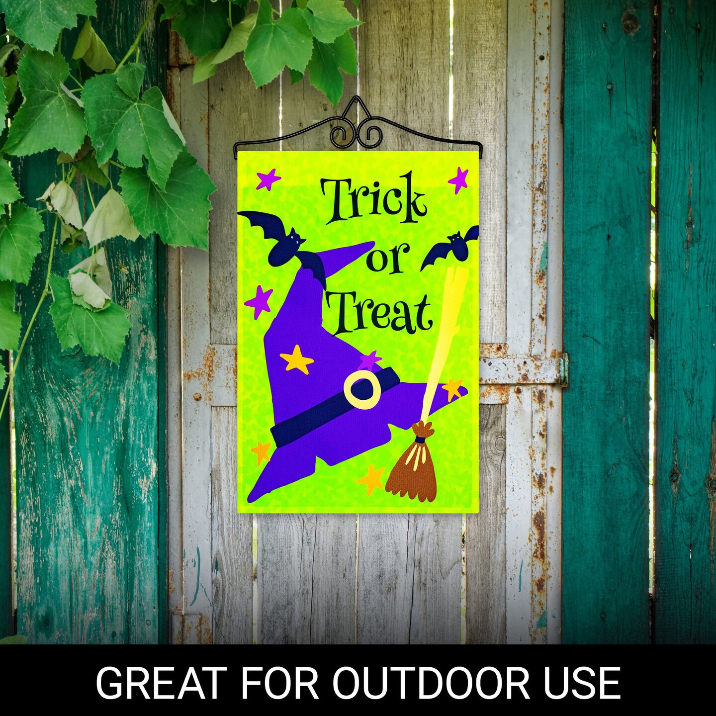 G128 Combo Pack Garden Flag Hanger 14IN & Garden Flag Trick or Treat Purple Witch Hat Green BG 12x18IN Printed 150D Polyester