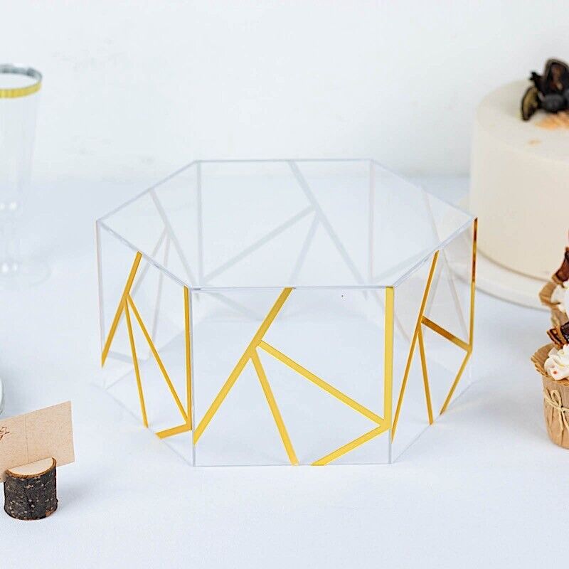 Clear 10x5 in Hexagon Acrylic DISPLAY BOX Gold Geometric Design