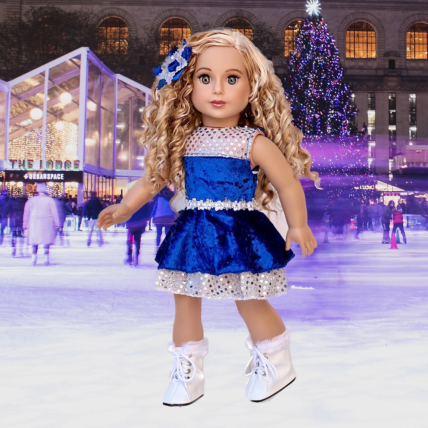 18 doll dress Summer's Rainbow Swirl for Girls & 18-inch Dolls + Summer (Girl of the Year 2025) and pearlized white Mary Jane shoes Ice Dancer - Doll Clothes